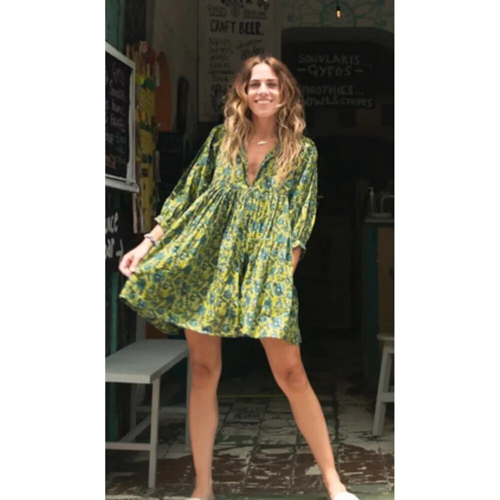 Natural Life Blue Green Floral Aimee Mini Tunic Dress Medium